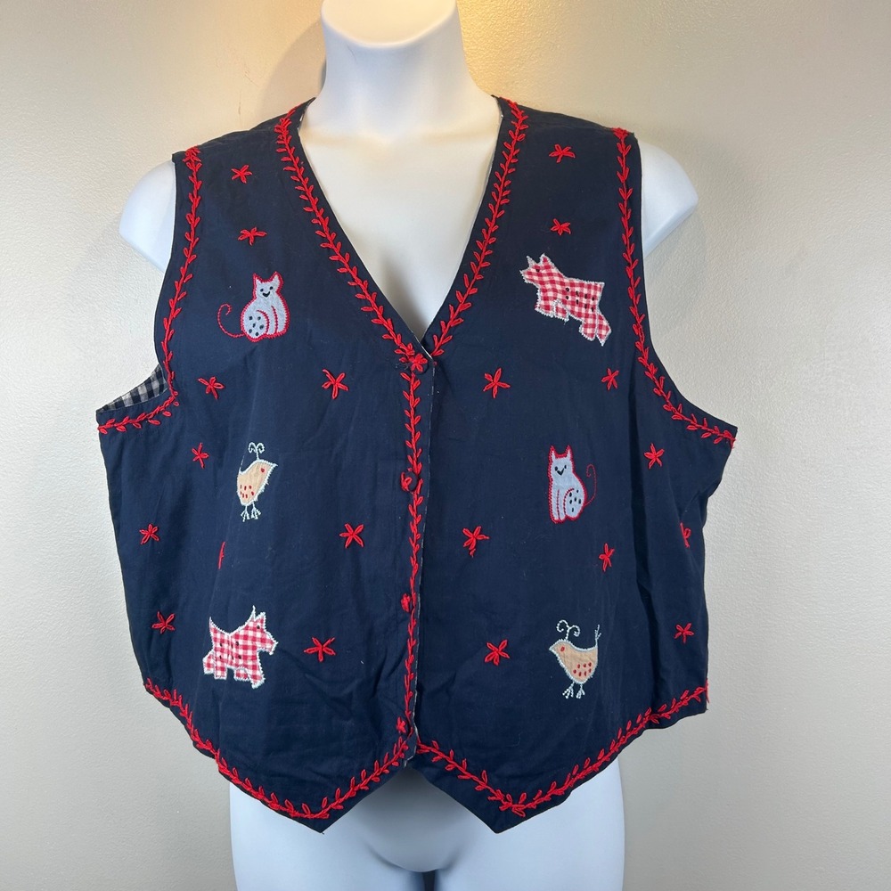 Bryn Connelly Vintage Navy Cotton Vest Embroidered Cat Dog Bird Gingham 2XL